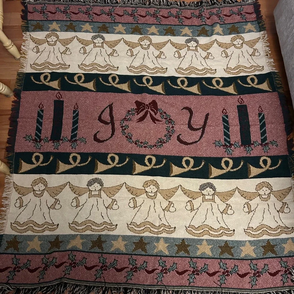 Vintage Christmas Throw Blanket Angels Joy Candles Holly Star Holiday Decor52x62